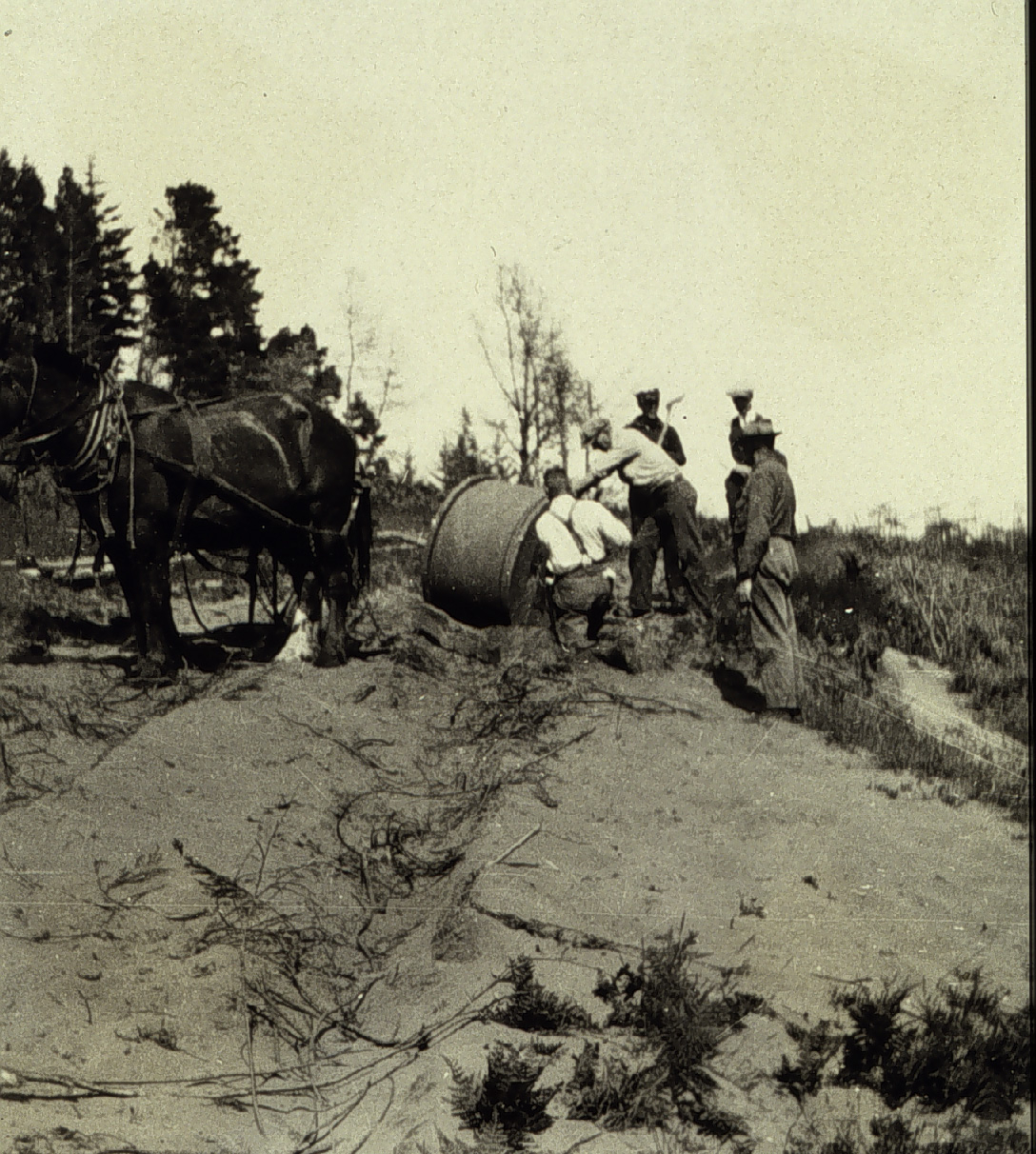 Cable drum being pulled by horses across dunes