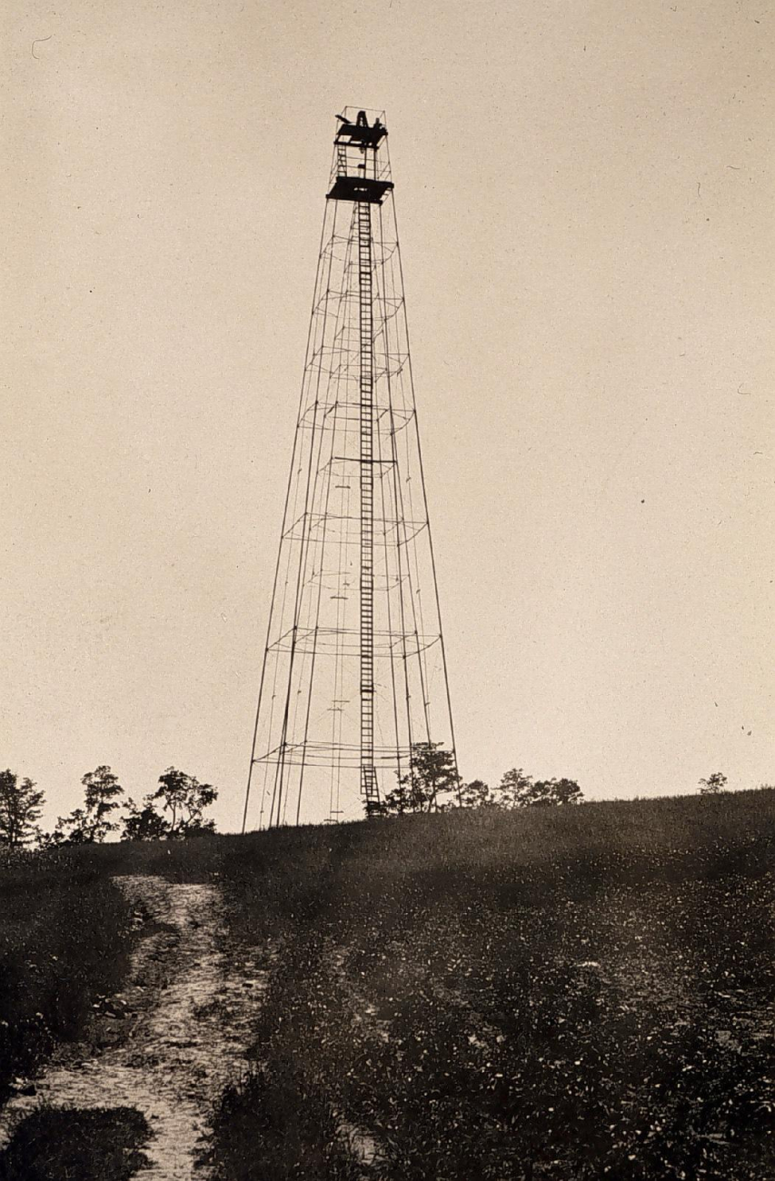 Early steel gas pipe tower built by the Lake Survey