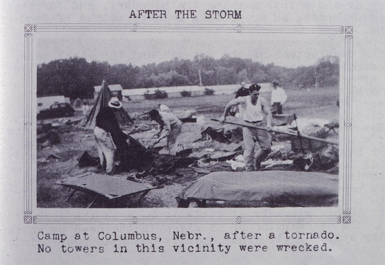 Cleaning up after a tornado hit the camp in Columbus