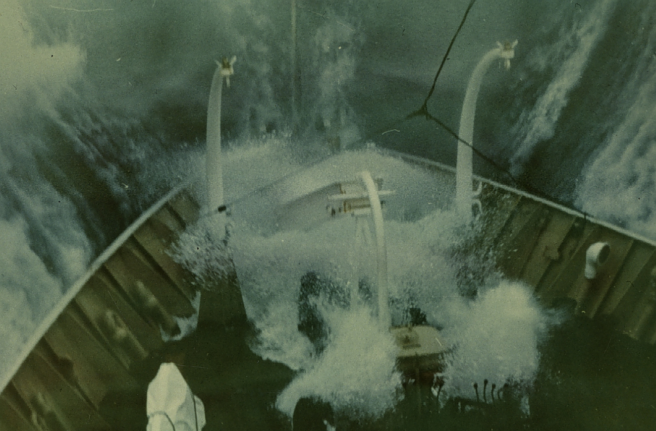 The bow of the SURVEYOR on a nasty North Pacific day