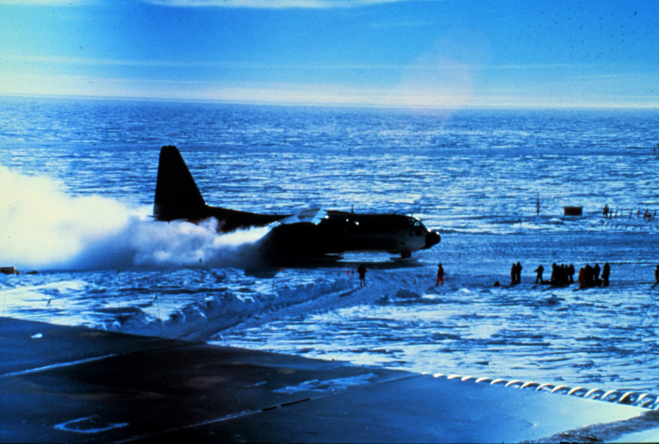 A Hercules C-130 aircraft lands at the South Pole
