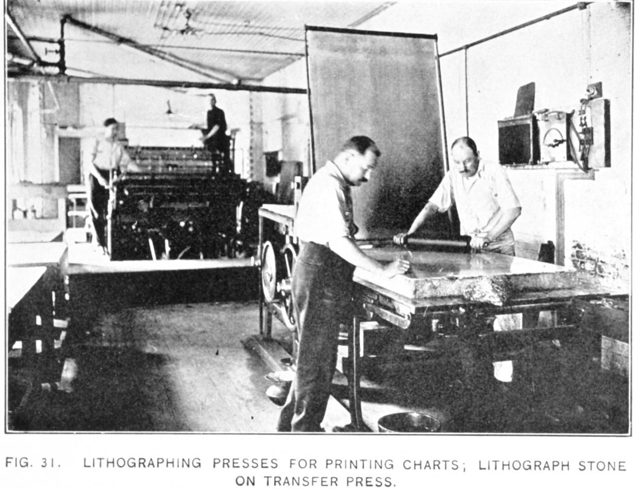 Lithographing presses for printing charts; lithograph stone on transfer press