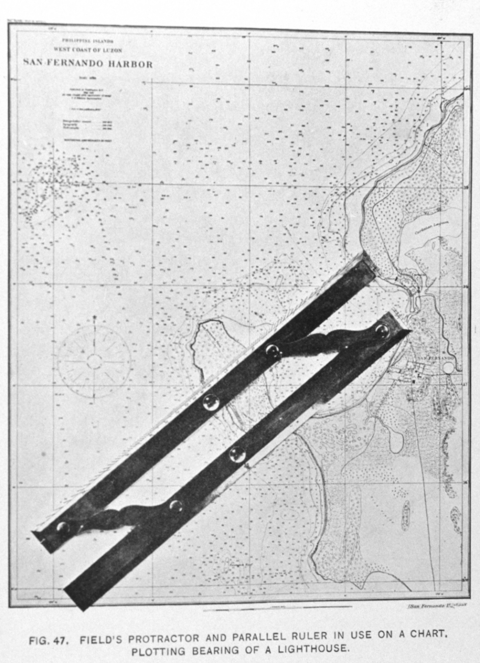Field's protractor and parallel ruler in use on a chart, plotting bearing of alighthouse