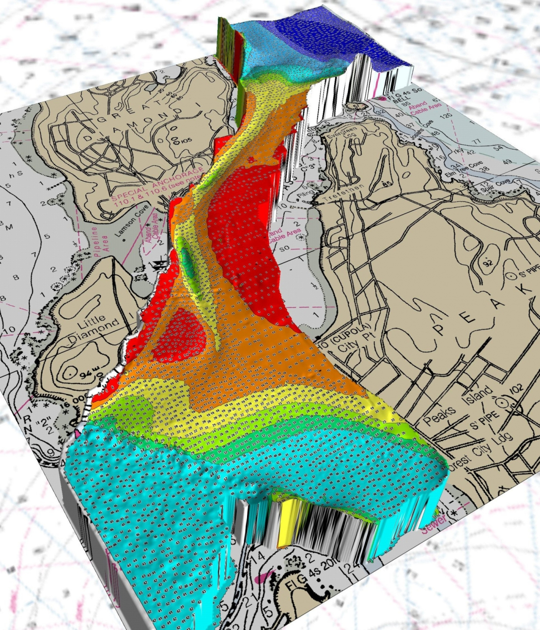 3-D view of portion of Portland Harbor showing soundings overlayed over coloreddepth ranges