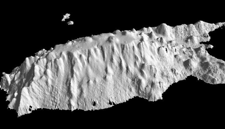 Grey-scale 3-D image of Bowie Seamount derived from multi-beam sounding data