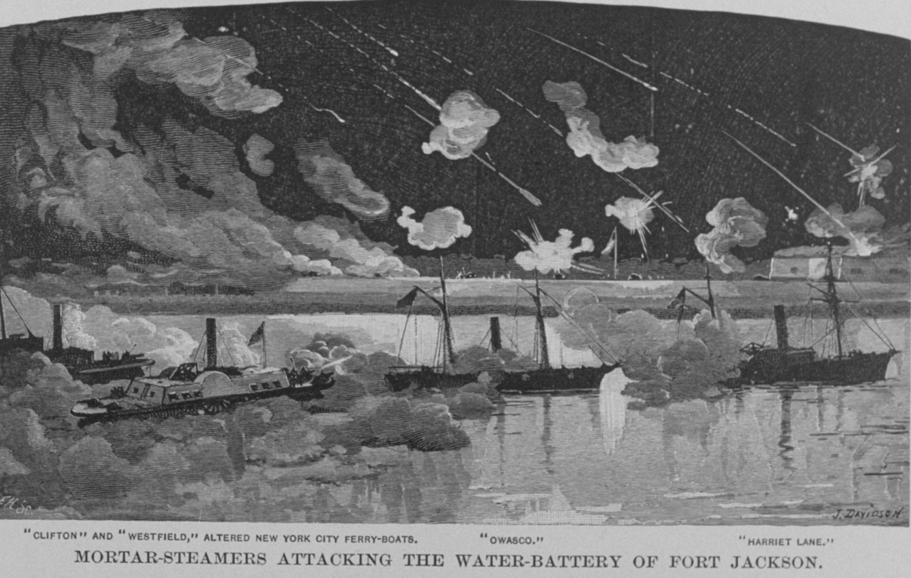 Mortar-steamers attacking the water-battery of Fort Jackson during the Battle of New Orleans
