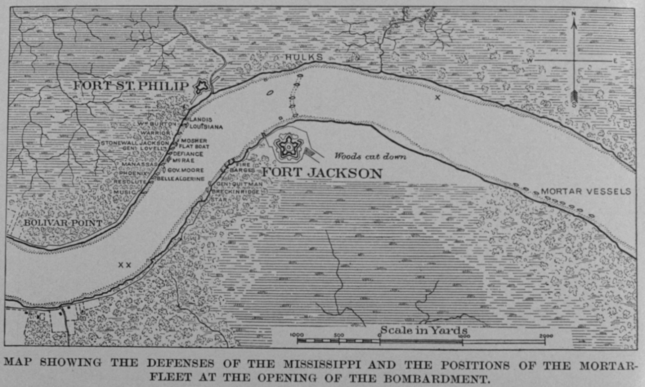 Map showing the defenses of the Mississippi and the positions of the mortar-fleet at the opening of the bombardment