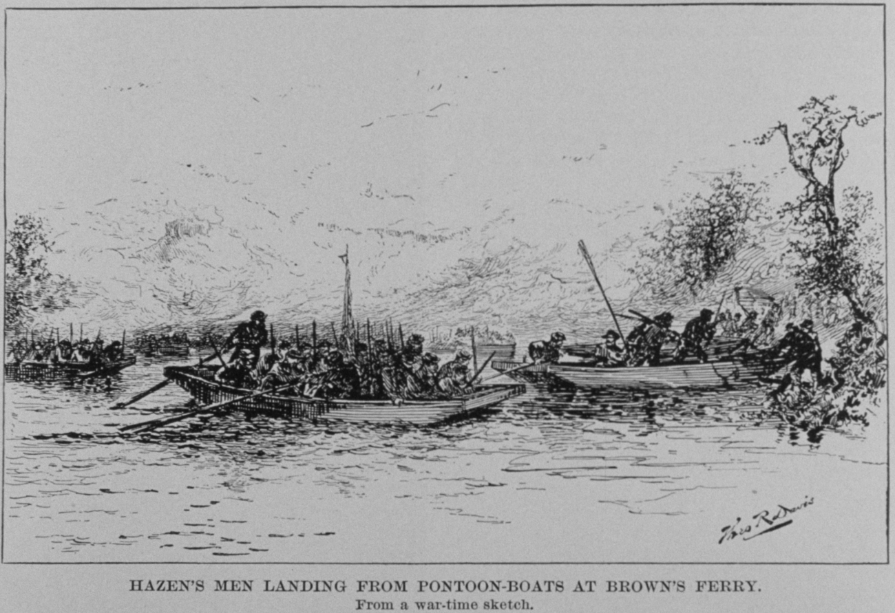 Hazen's men landing from pontoon boats at Brown's Ferry during the Battle ofChattanooga