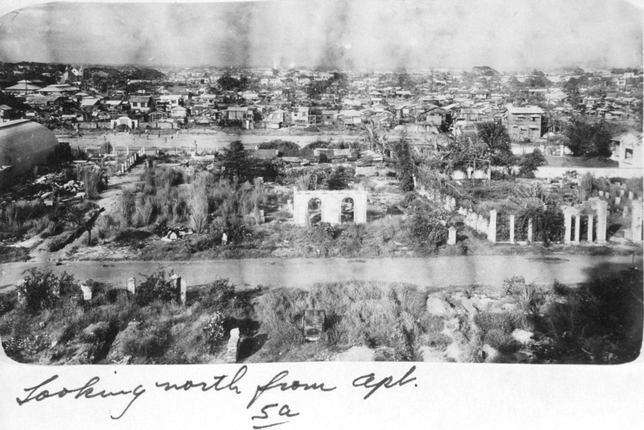 Looking north from the Michelle Apartments at some of the wartime devastation