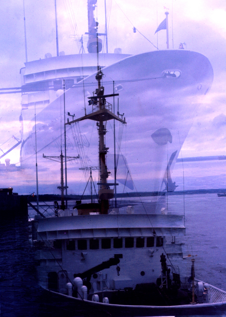 Double exposure of NOAA Ship FAIRWEATHER taken from same locationat high and low tide at the pier at Anchorage