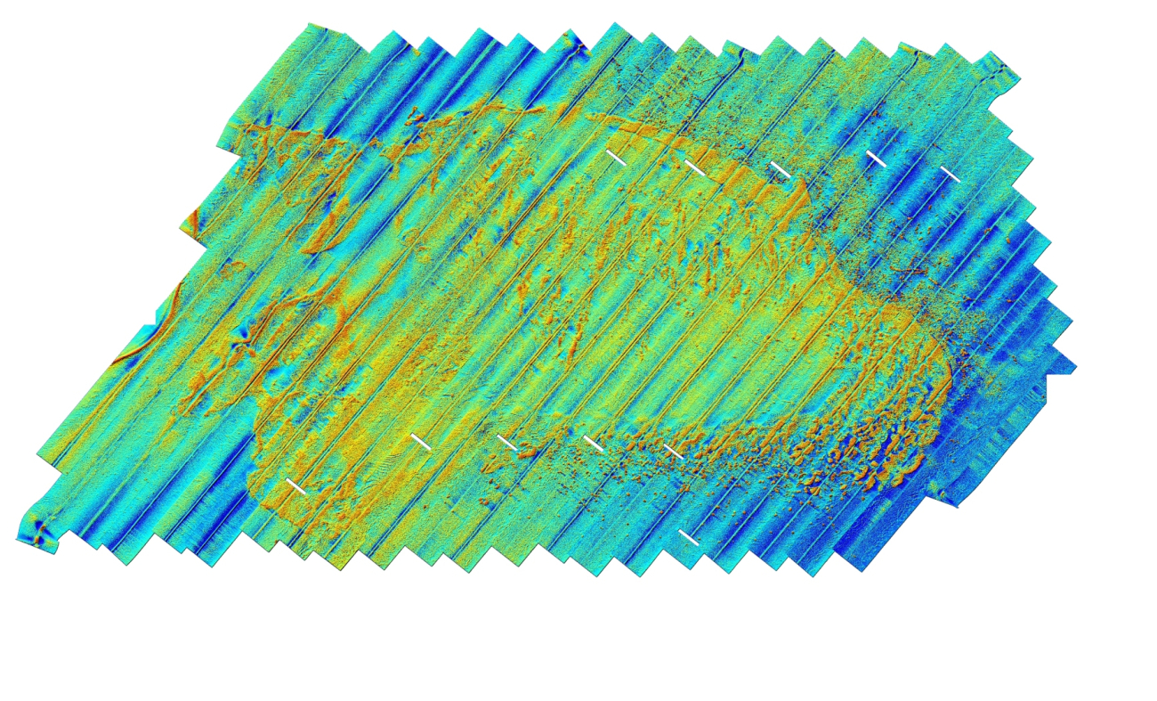 Early color-enhanced sidescan sonar imagery showing rock outcropson offshore bank