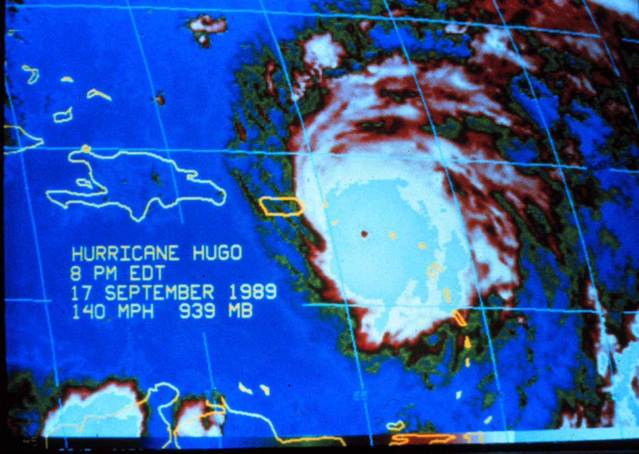 Enhanced infrared imagery of Hurricane Hugo evening of September 17, 1989The eye of storm is approaching St