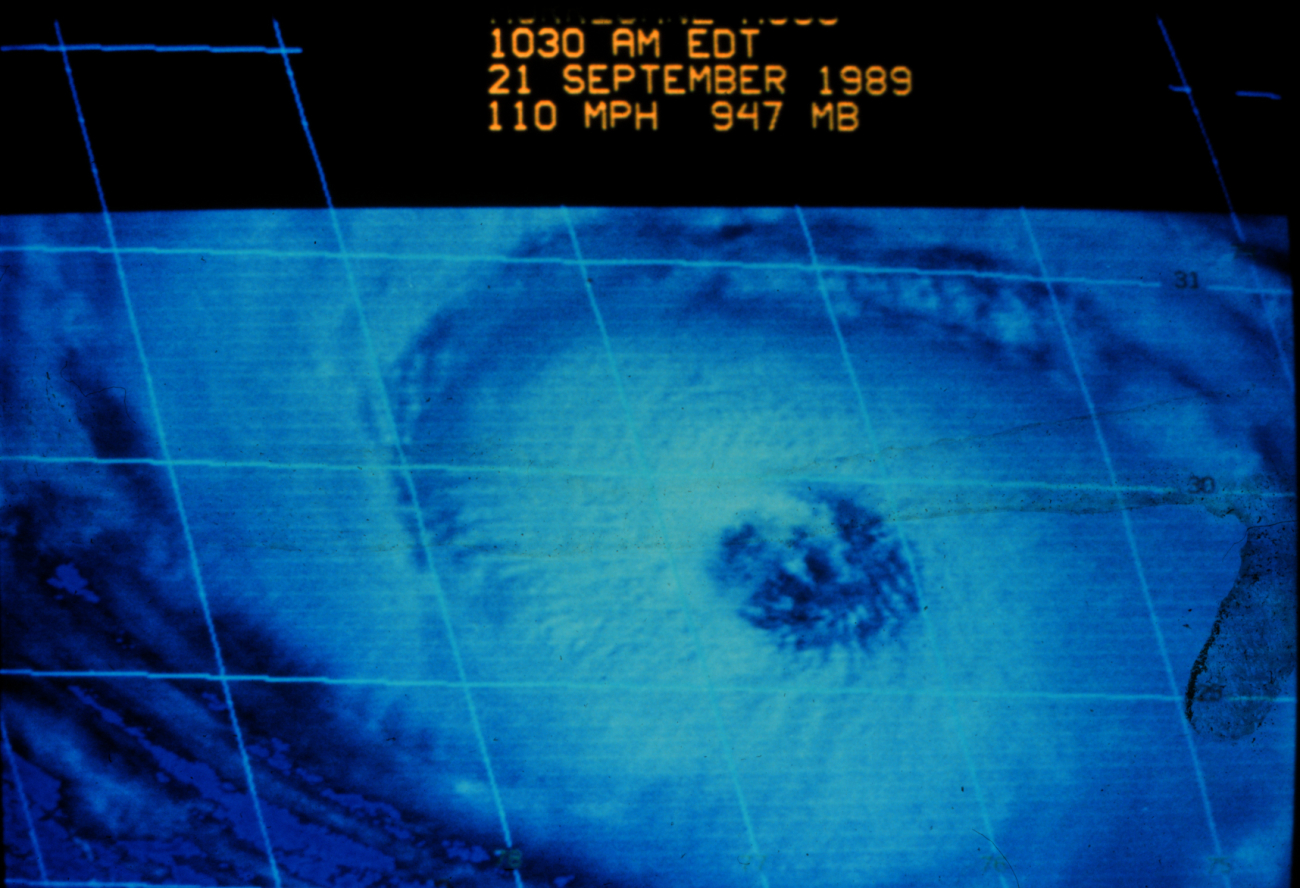 Visible spectra satellite image of Hurricane Hugo on September 21, 1989At 10:30 A