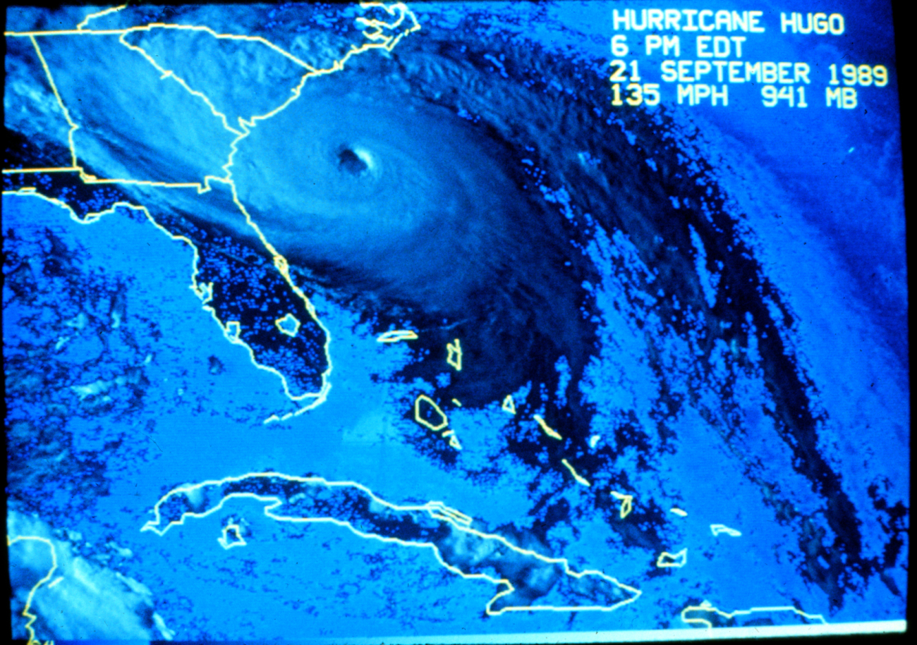 Visible spectra satellite image of Hurricane Hugo on September 21, 1989At 6:00 P
