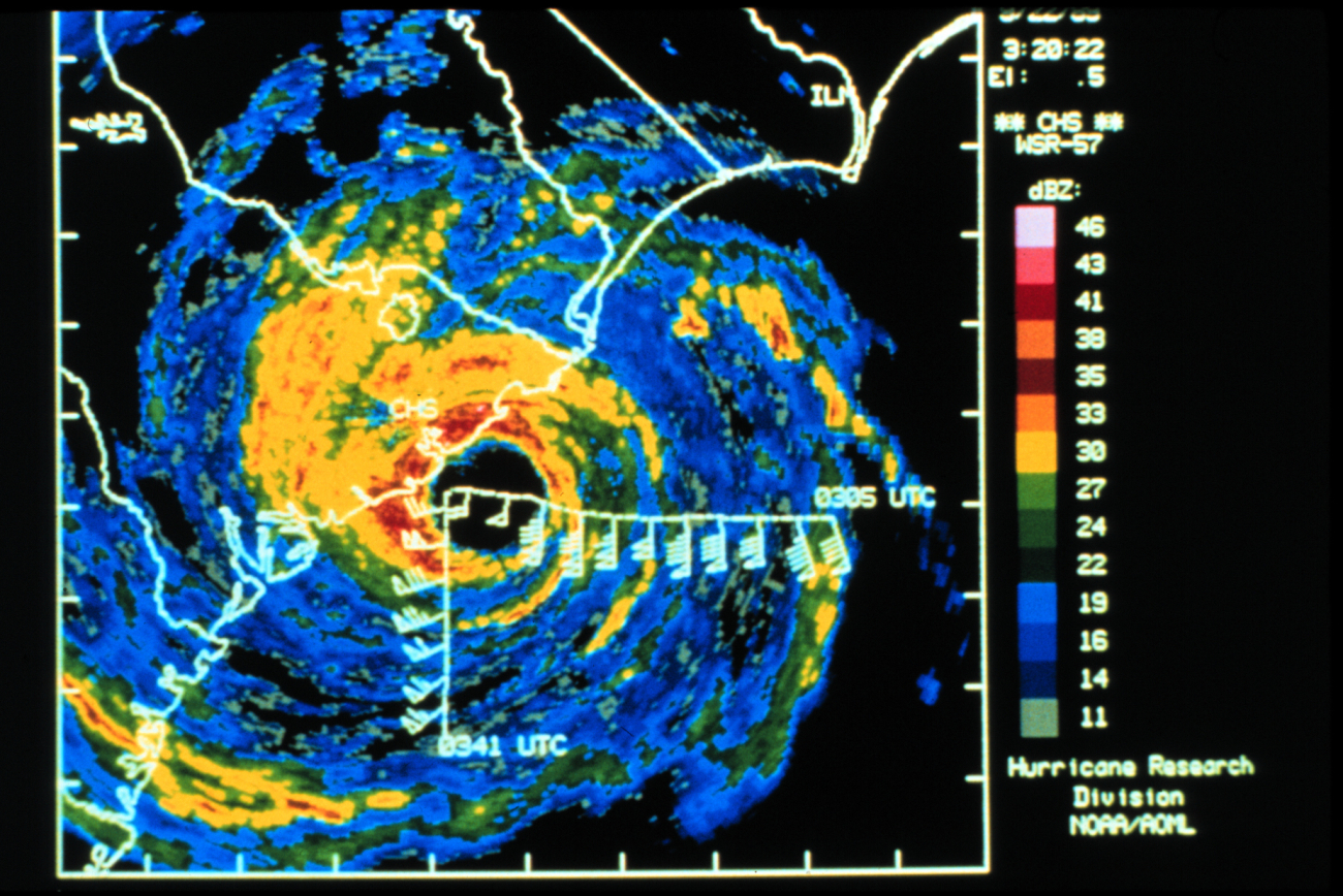 Digitized Charleston WSR-57 radar image of Hugo with superimposed windsReal-time winds measured onboard NOAA research aircraft flying into HugoWind velocity transmitted to NHC through a satellite link as eyewall hit coastSustained winds of 155 mph at 10,000 feet and 135 mph at surfaceHigher gusts were estimated in area of landfall