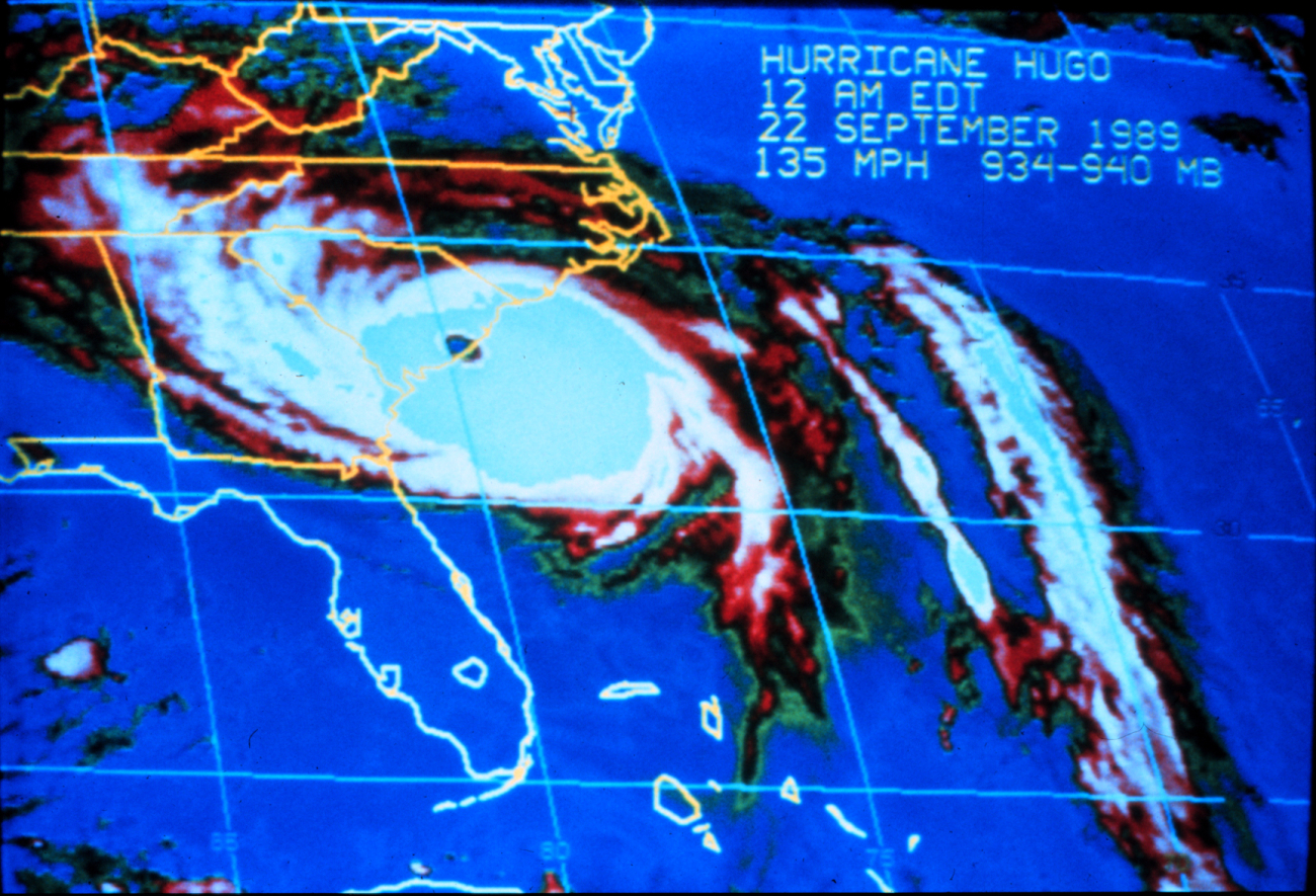 Enhanced infrared imagery of Hurricane Hugo morning of September 18, 1989The eye is over the coast near Charleston, South Carolina