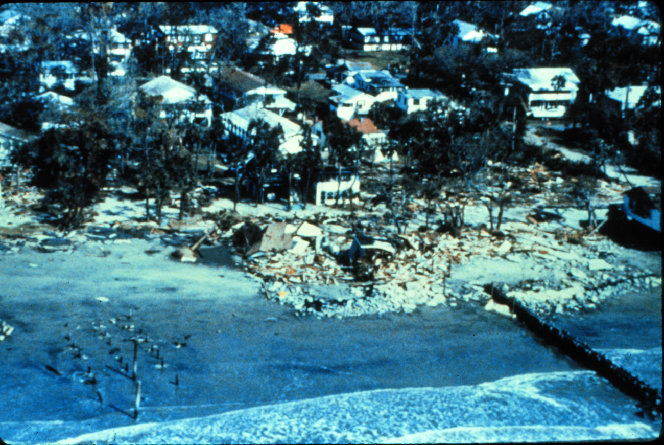 The same homes at Folly Beach, South Carolina, after Hurricane Hugo