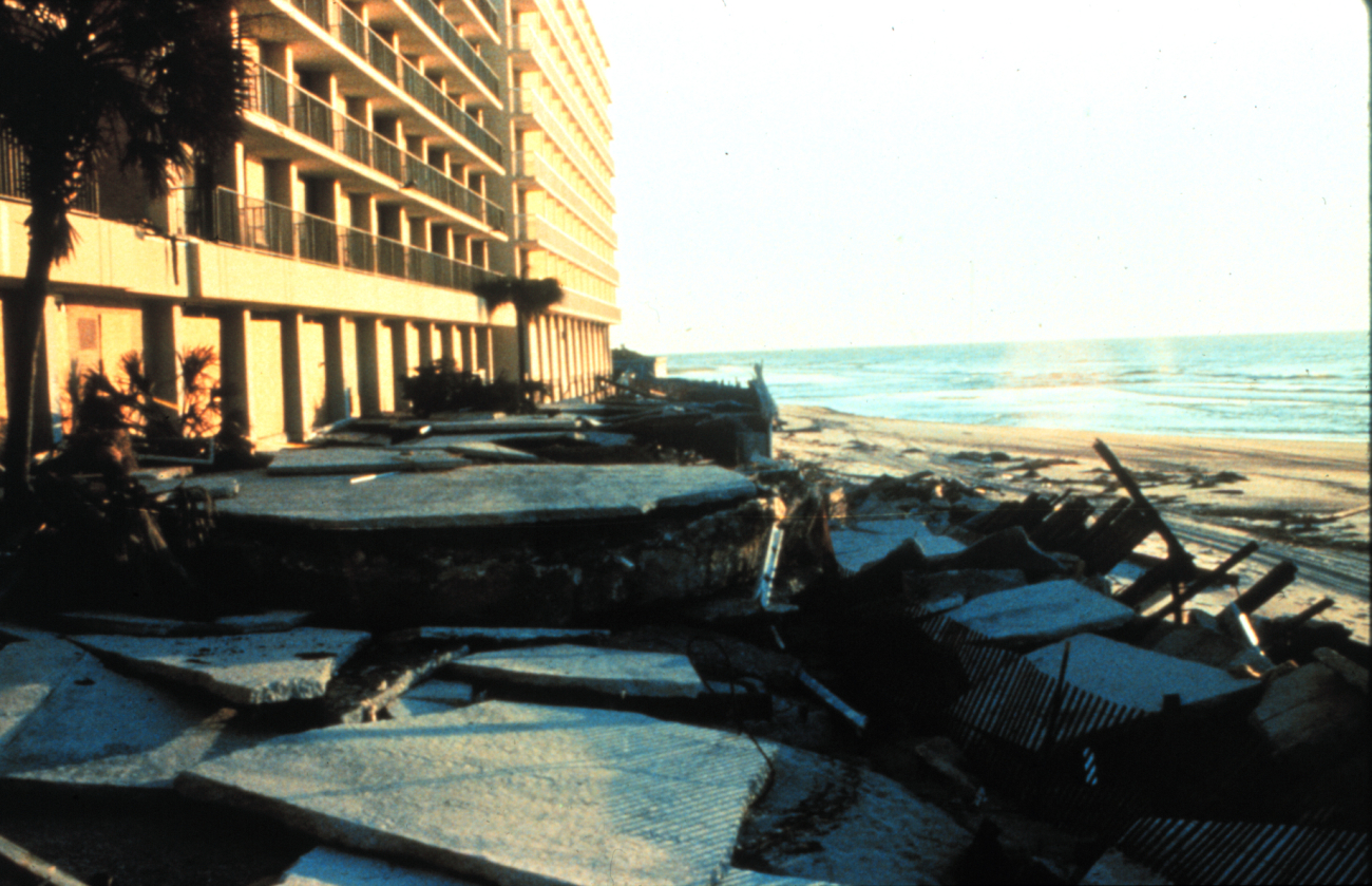 Exterior damage to the Holiday Inn at Myrtle Beach, South CarolinaAfter passage of Hurricane Hugo