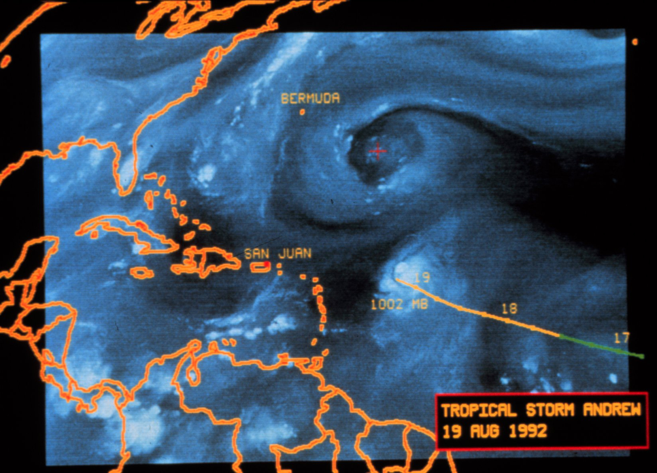 Hurricane Andrew - water vapor satellite image by METEOSAT 3August 19, 1992 image also shows upper level low to the north of Andrew