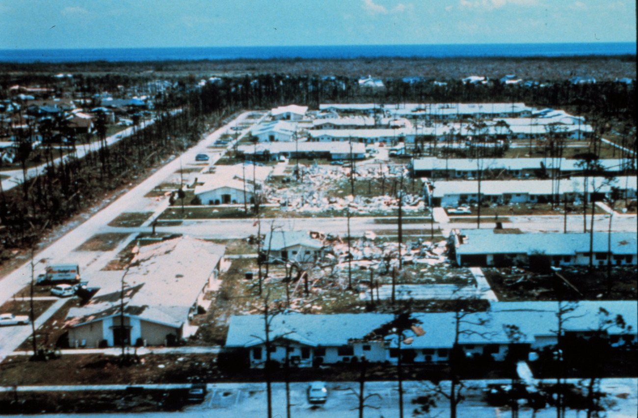 Hurricane Andrew -  A section of Pinewoods VillaNote uneven damage pattern