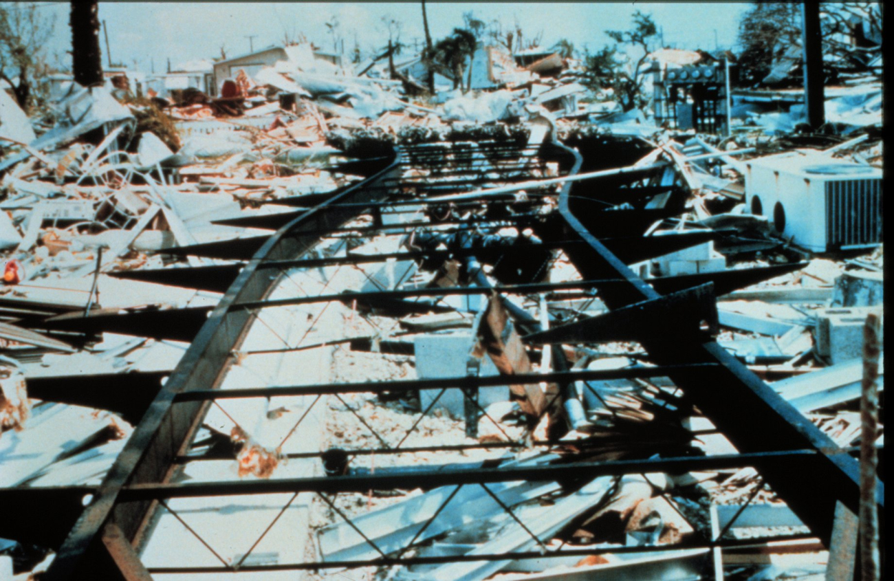 Hurricane Andrew - The frame of a mobile home with downs still anchoredHowever, nothing is left to anchorTie downs are not the answer to resident safety in mobile homesEvacuation remains the wisest option if warned in time to evacuate