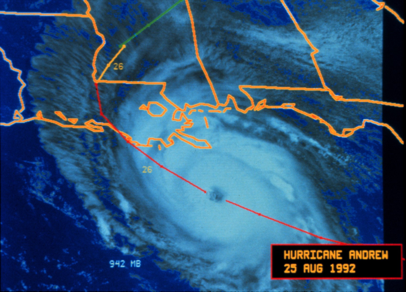 Hurricane Andrew - A METEOSAT 3 visible image of Andrew approaching Louisiana