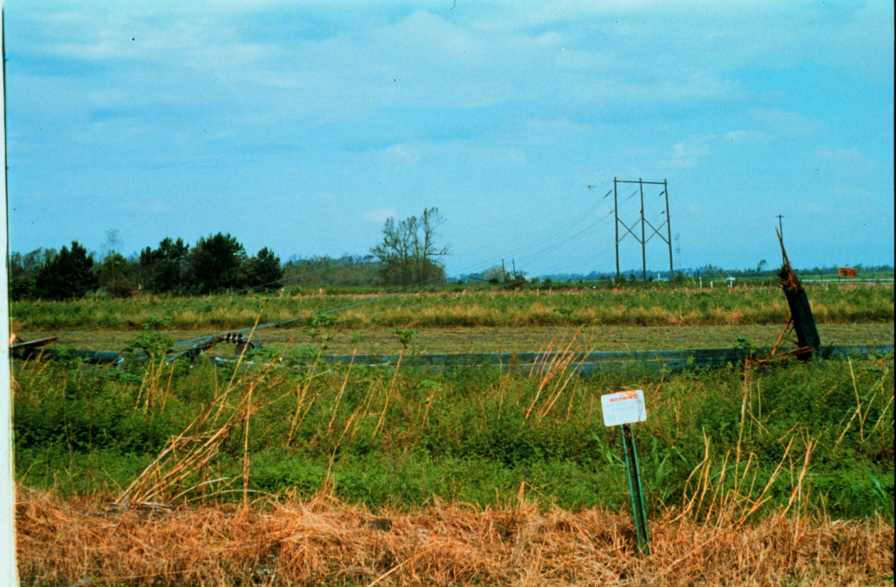 Hurricane Andrew - Power line poles snapped by AndrewHigh profile structures are susceptible to damage in strong wind events