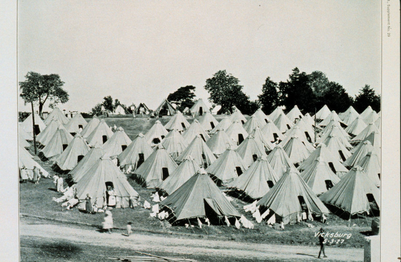 The Great Mississippi River Flood of 1927A refugee camp at Vicksburg, Mississippi, on May 3, 1927This was a nice camp on high groundMany refugees had to live on the levees for months until the water recededMonthly Weather Review Supplement No