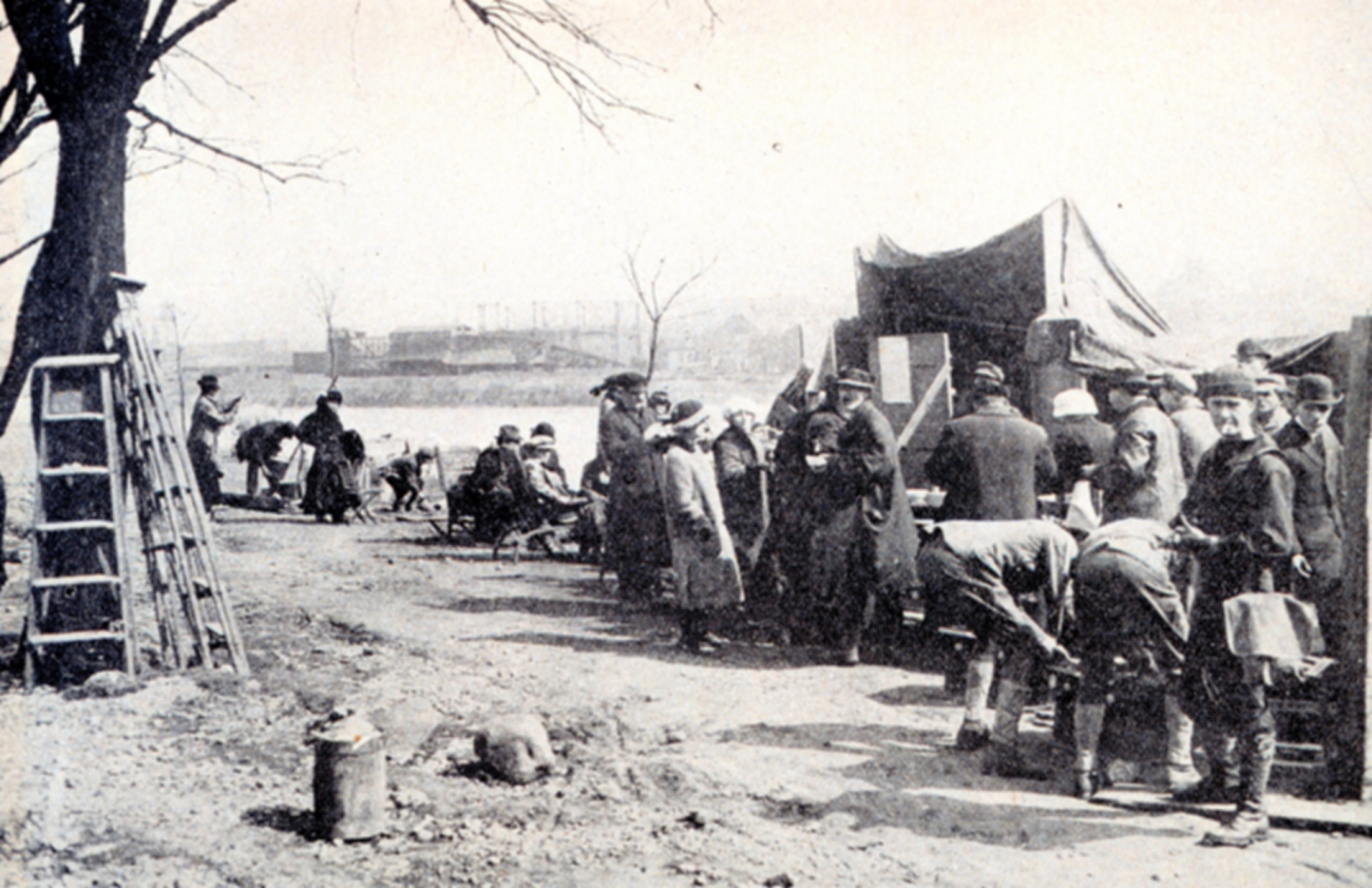 A typical scene at one of the relief stations following the flood