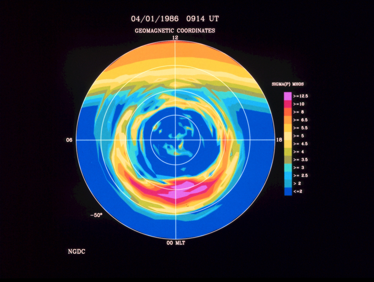 Computer generated image of Earth's magnetic field looking down on the NorthPolar region