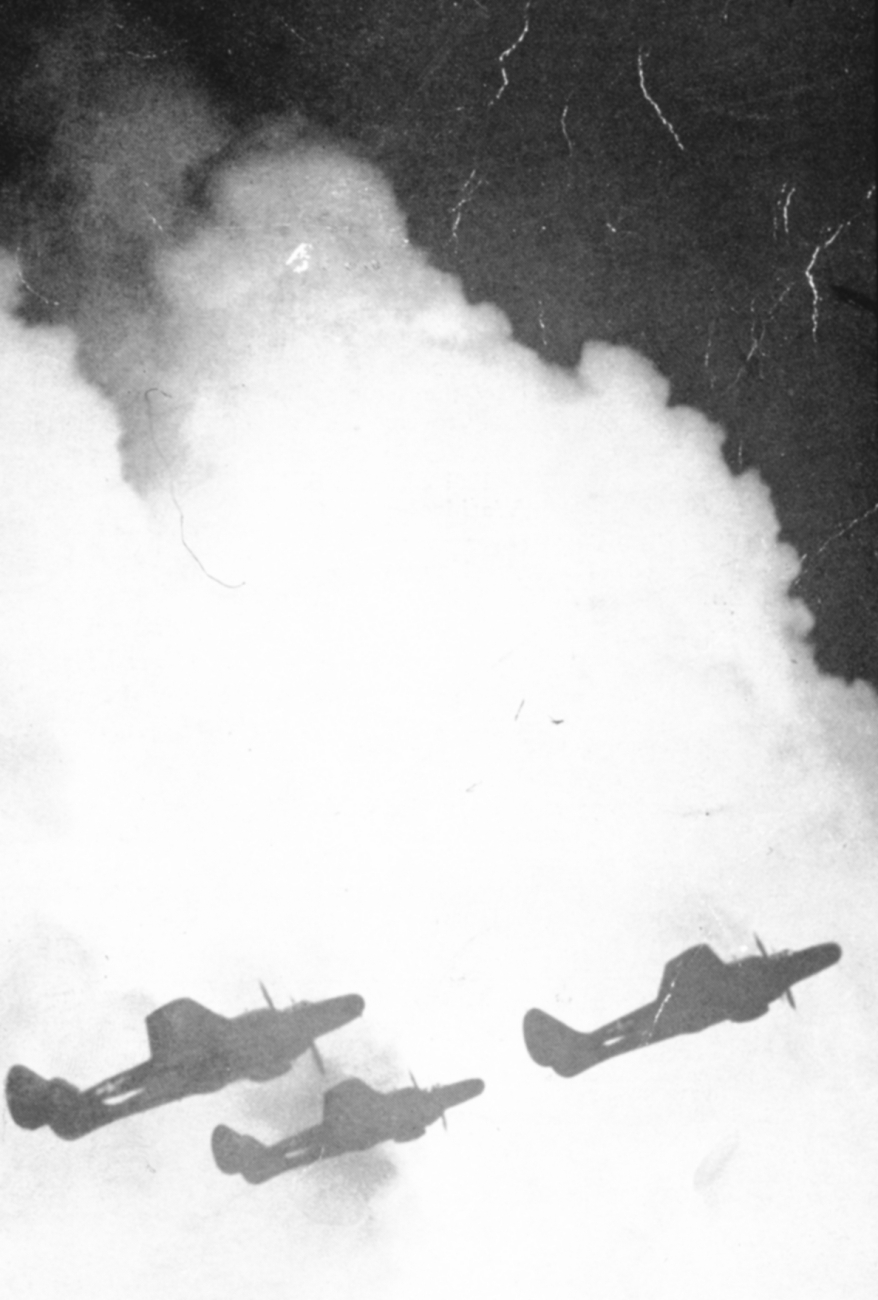 Three black widow P-61 night fighters silhouetted against a thunderhead prior toseparating and penetrating the thunderstorm at three different levels formeteorological readings