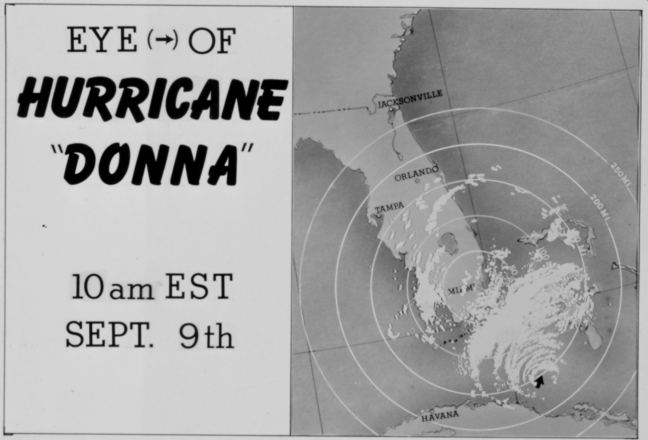 The track of Hurricane Donna as tracked by radar -  Photo #3 of sequence Not the first hurricane seen on radar, this was the best tracked at time
