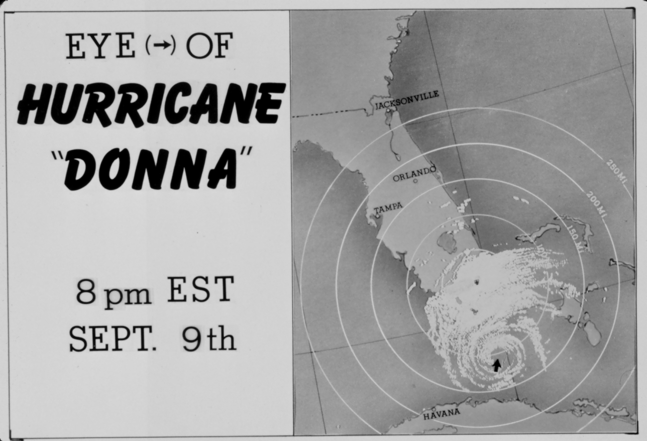 The track of Hurricane Donna as tracked by radar -  Photo #5 of sequence Not the first hurricane seen on radar, this was the best tracked at time