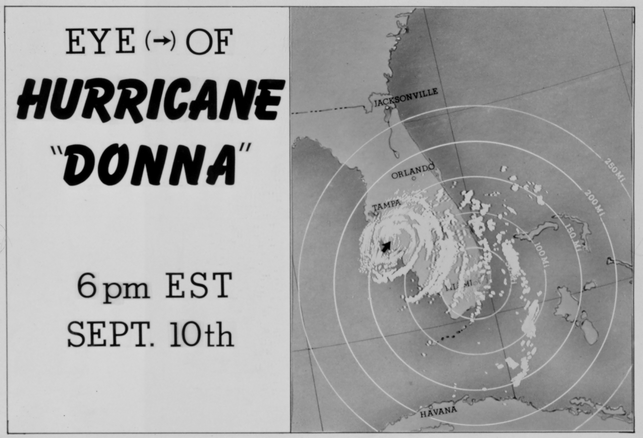 The track of Hurricane Donna as tracked by radar -  Photo #9 of sequence Not the first hurricane seen on radar, this was the best tracked at time