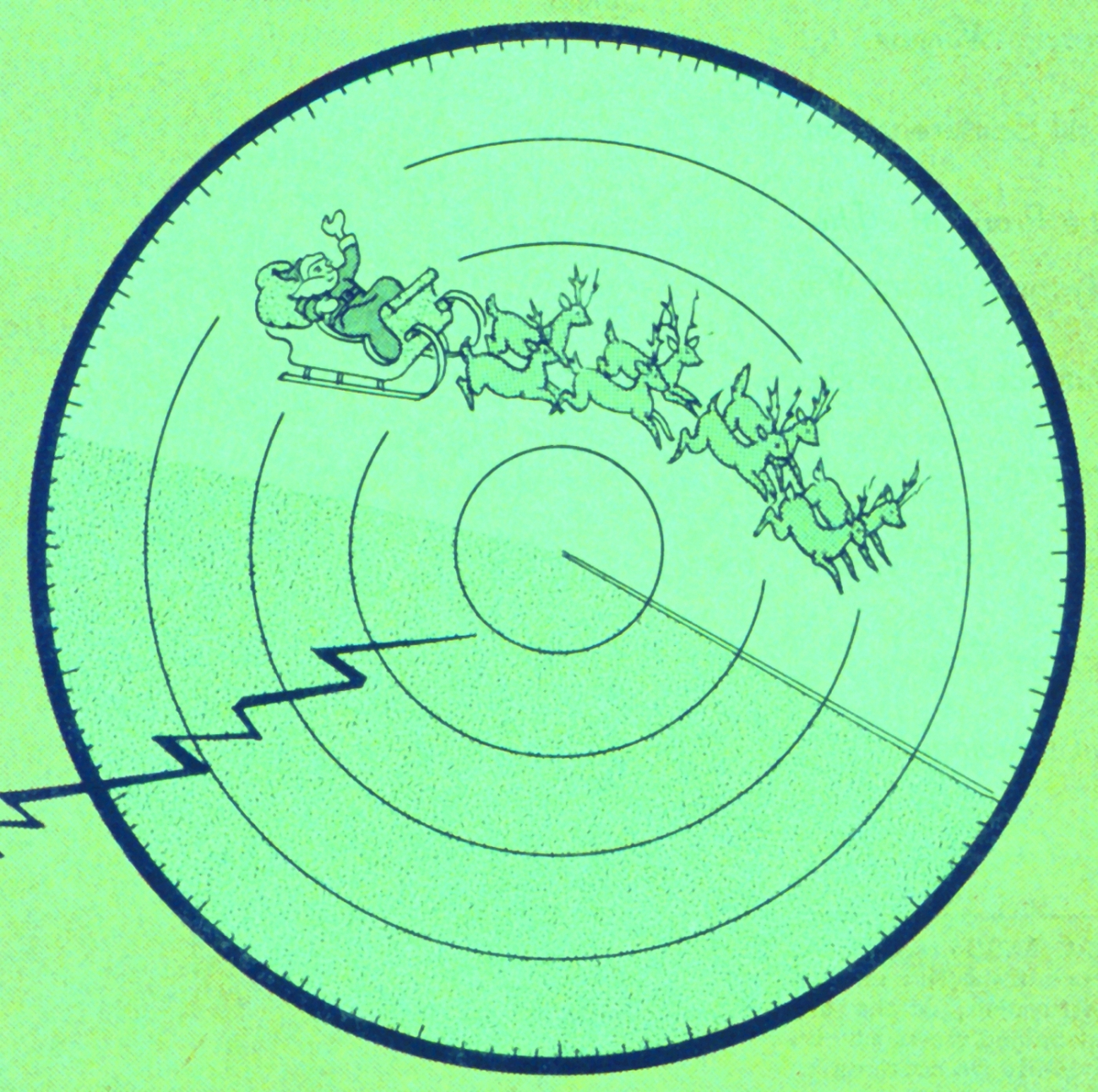 Christmas issue of Weather Bureau Topics with Santa Claus streaking across a weather radar