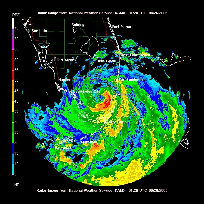 The eye of Hurricane Katrina passing to the south of Miami