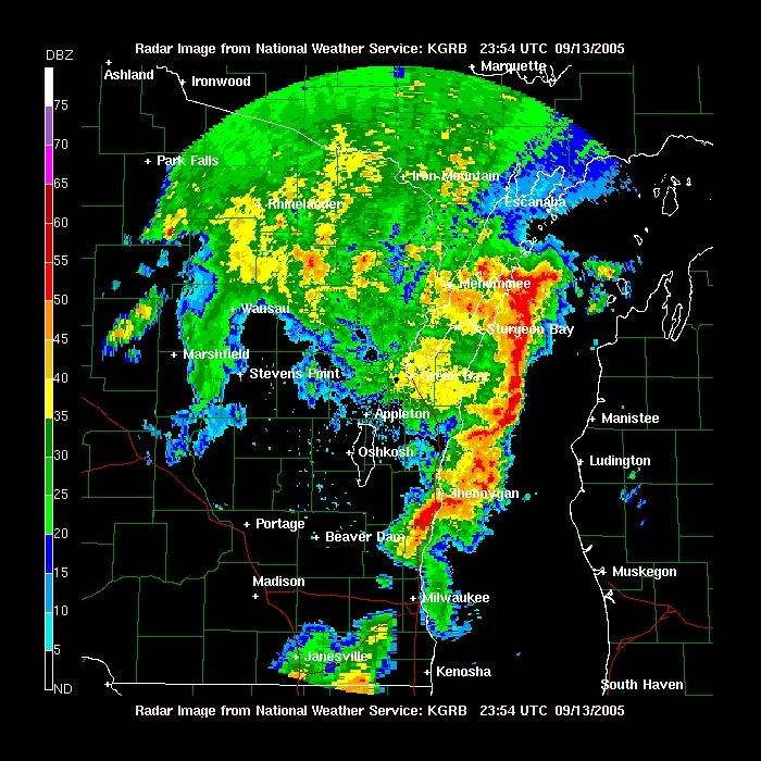 Strong storms over Lake Michigan and eastern Wisconsin moving to the east