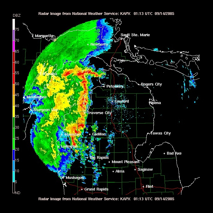 Strong storms over Lake Michigan and western Michigan moving to the east