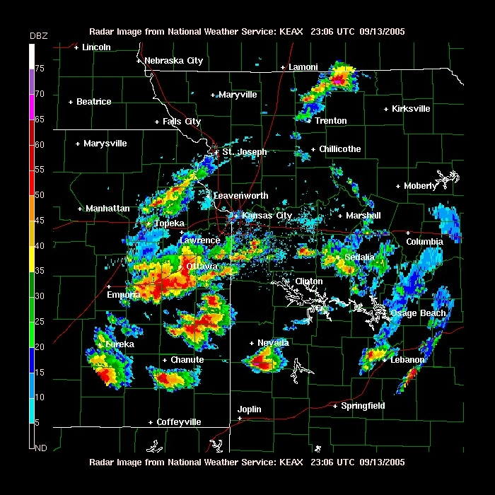Thunderstorms over eastern Kansas and western Missouri