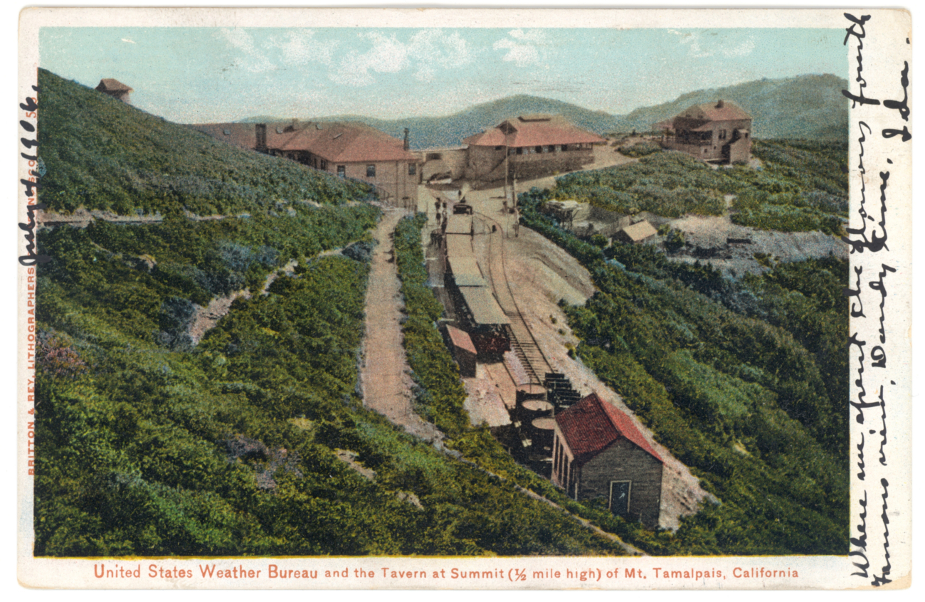 Postcard of the United States Weather Bureau buildings and tavern at the summitof Mt