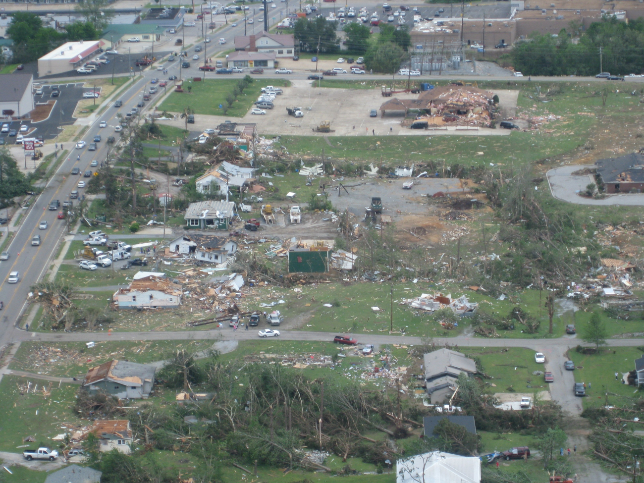 Several homes and a bank building (upper right) damaged by the Dade-WalkerEF3 tornado in Trenton, Georgia