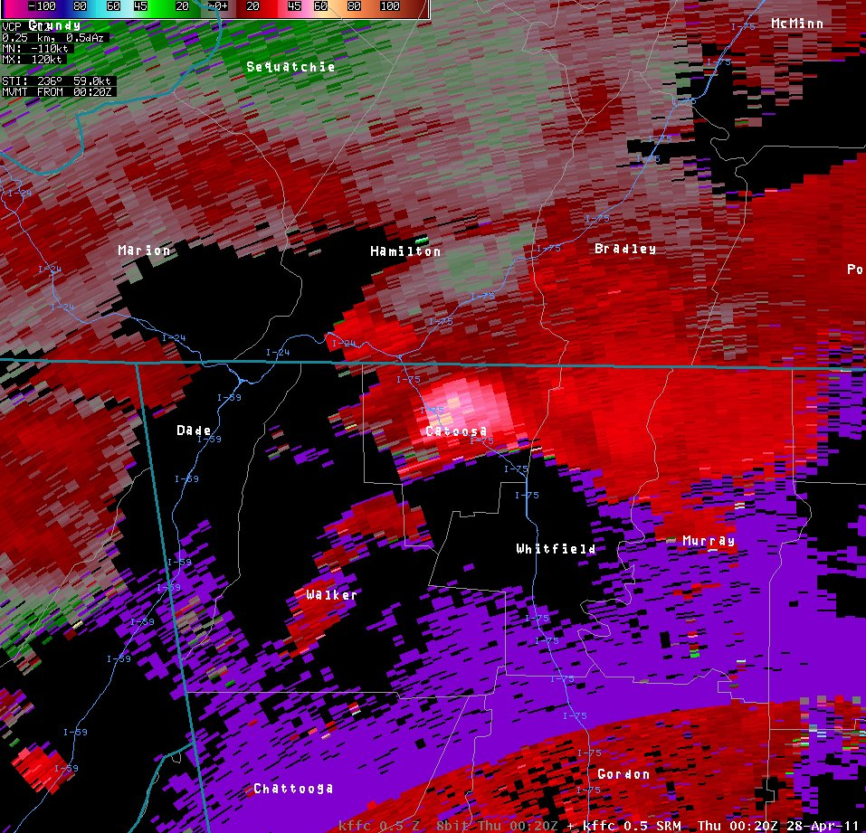 Storm relative velocity image of Catoosa tornado