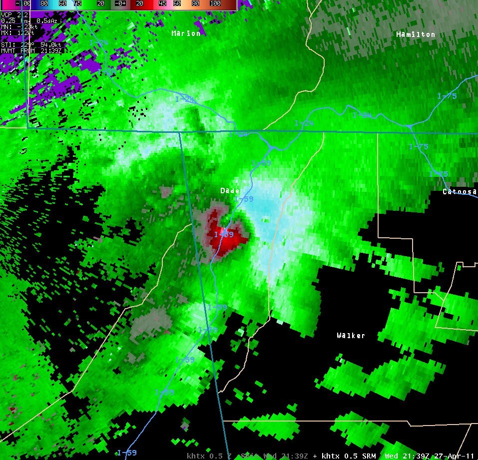 Storm relative velocity image of tornado in Dade County
