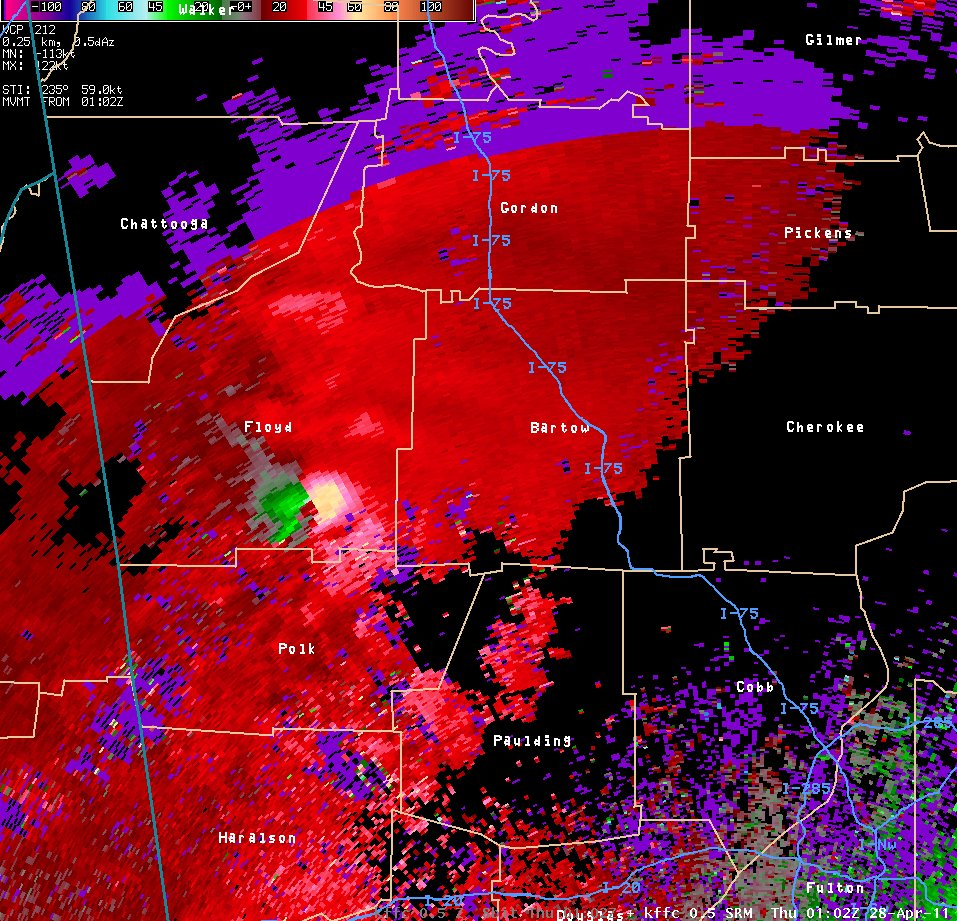 Storm relative velocity image of tornado in Floyd County