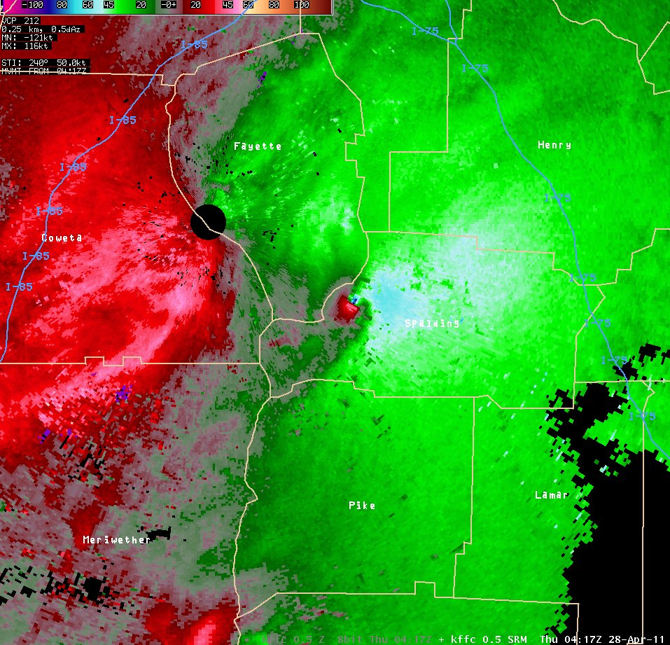 Storm relative velocity image of tornado in Spalding County