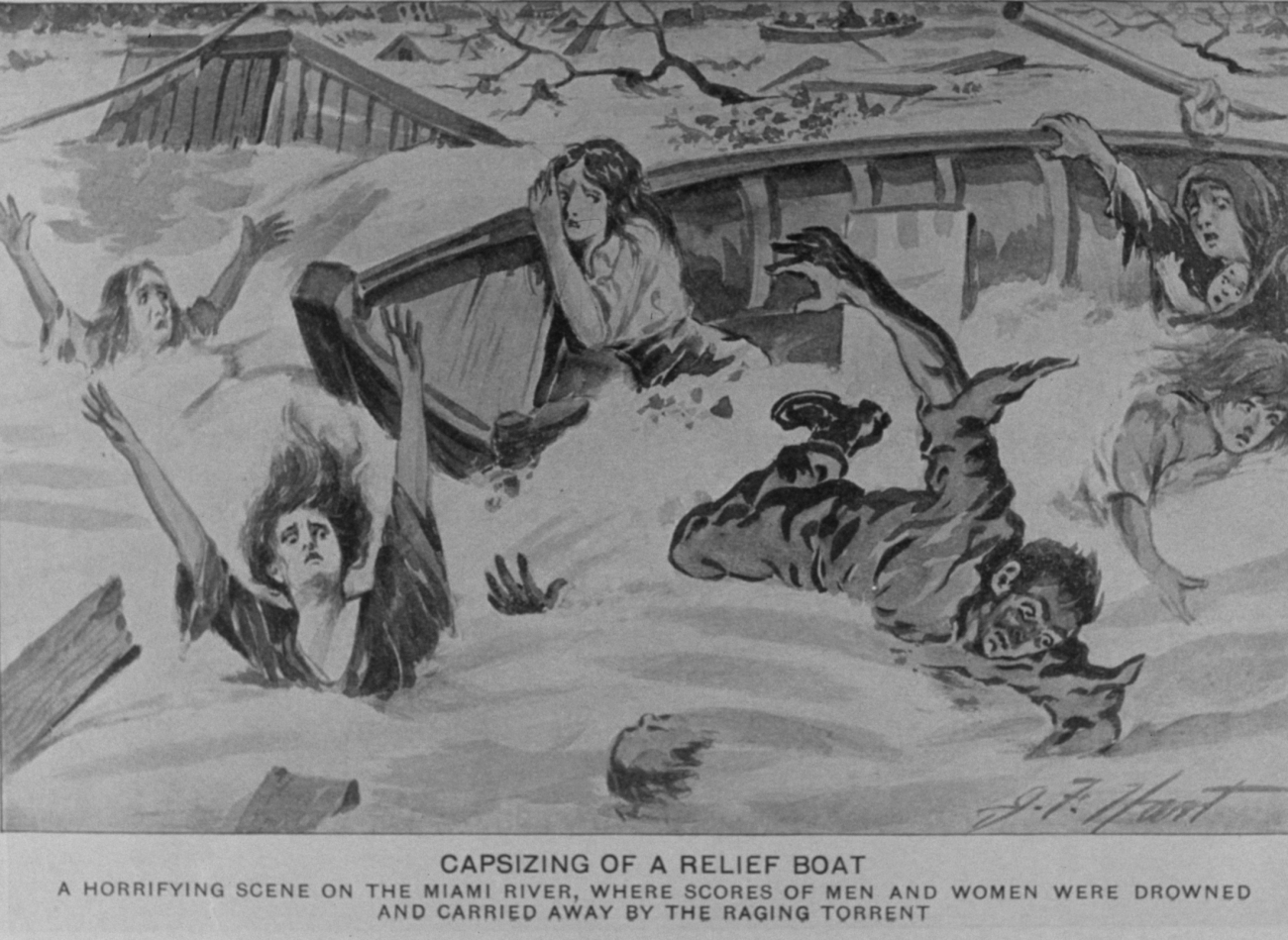 An artist's rendition of the overturning of a relief boat attempting to savepeople from flooding along the Miami River