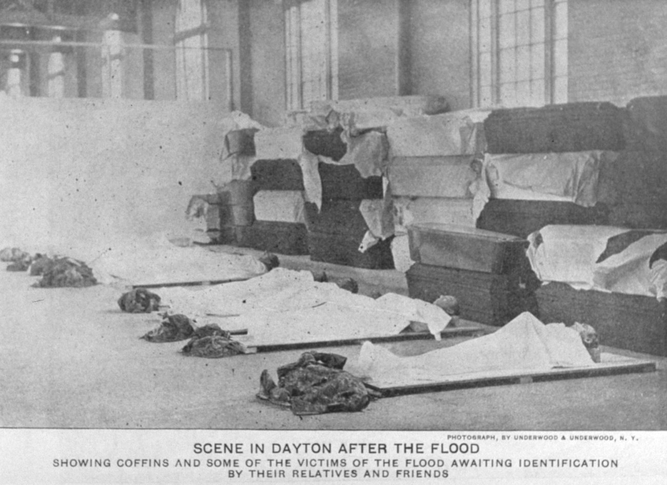 Unidentified bodies in the morgue at Dayton after the flood