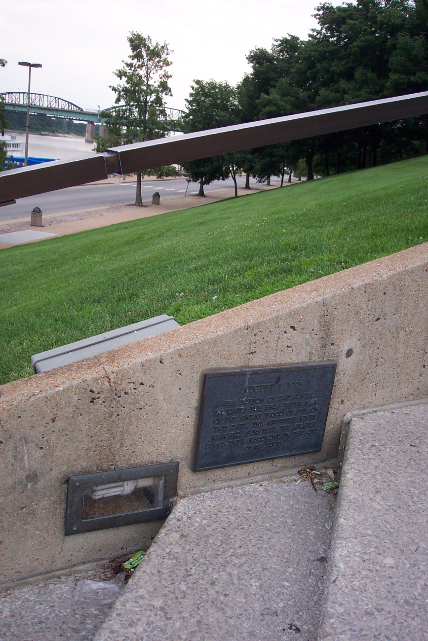 A plaque in the steps leading down to the Mississippi River commemorates thehighest flood ever recorded at St