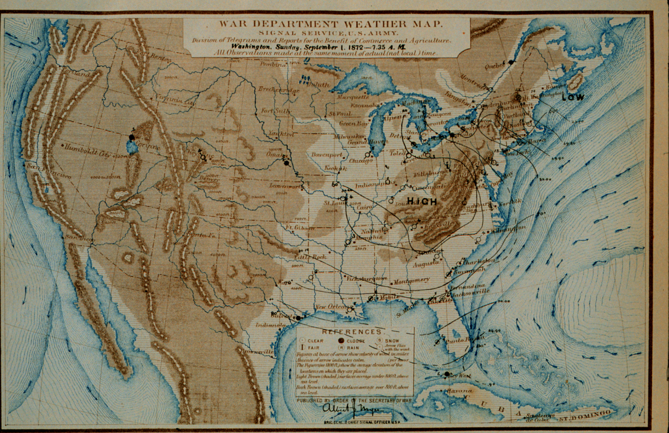 An early Signal Service weather map on record in NOAA Library -September 1, 1872Careful compilation and study of these maps led to scientific forecasting