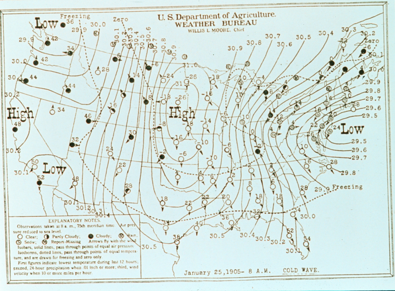 Weather Bureau weather map showing cold wave in center of countryNortheaster attacking mid-Atlantic states